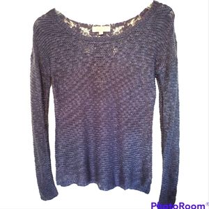 Pink Rose Blue Crochet Embroidered Knit Scoop Neck Sweater Size Small
